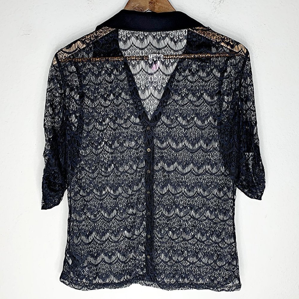 Bebe Doris 3/4 Sleeve Stretch Lace Shirt in Black - Picture 4 of 8